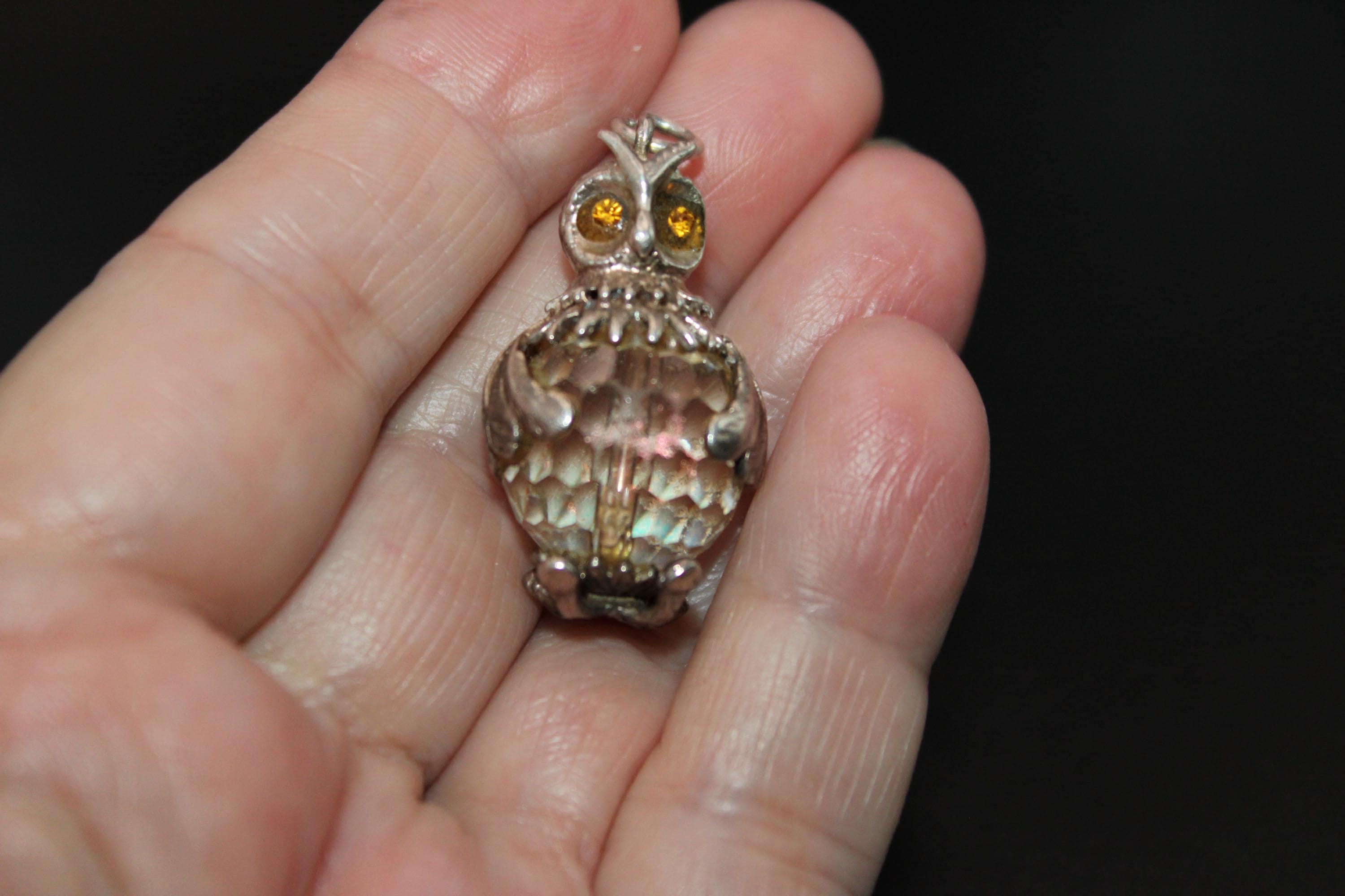 A Large Rare Vintage Solid Silver Owl Charm/Pendant With A Faceted Crystal Body And Amber Glass Eyes