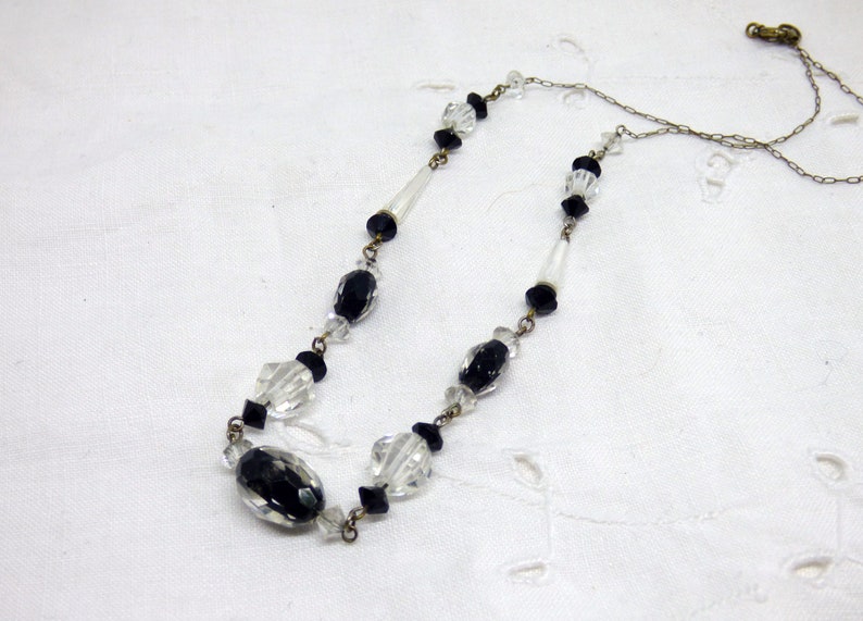 Original Vintage Art Deco Faceted Black /& Clear Cased Crystal Glass Chain Linked Necklace Circa 1930s Very Pretty