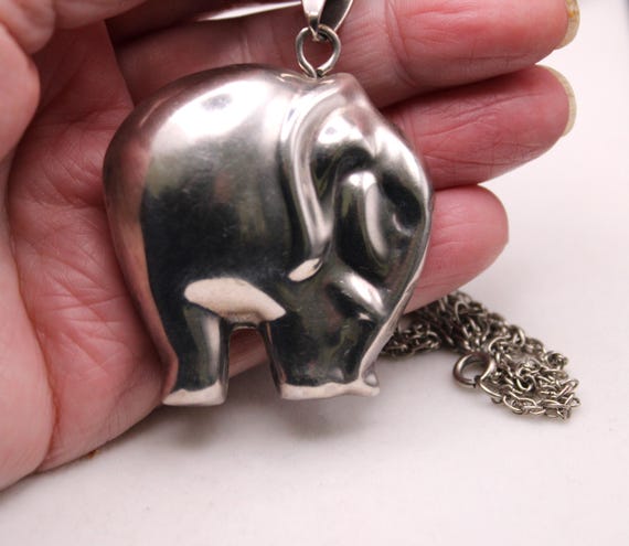 Large Mexican Solid Silver Elephant Pendant, 1980… - image 1