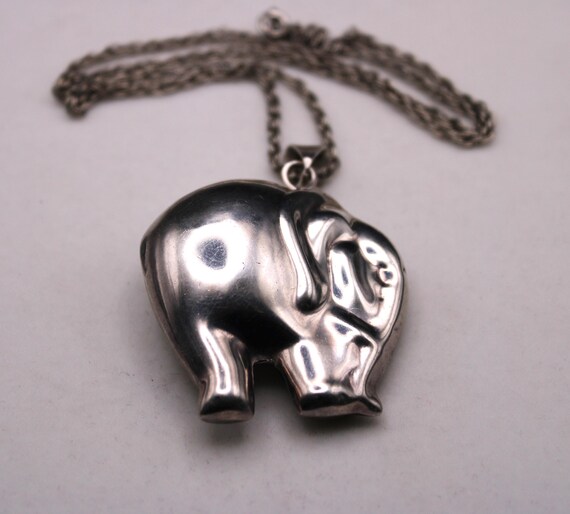 Large Mexican Solid Silver Elephant Pendant, 1980… - image 3