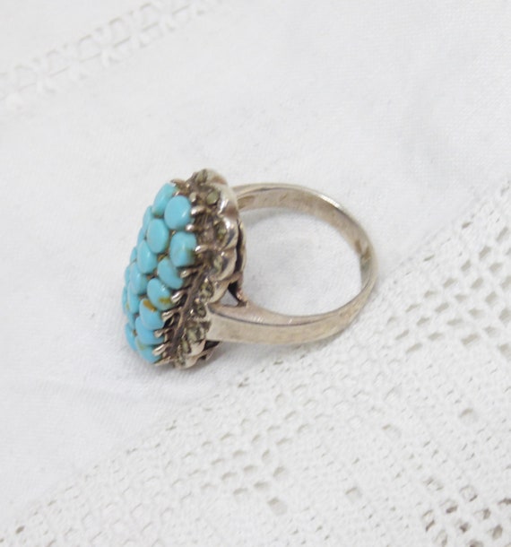 Vintage solid silver oblong ring with 19 sky blue… - image 3