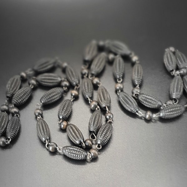 Original Antique Victorian Carved Bog Oak 35 Inches Long Bead Necklace Carved Oval Beads & Plain Round Beads Chain Linked Circa 1880