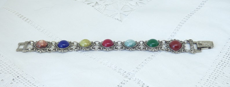Vintage 1970/'s Silver Plated 7 Panel Chain Linked Bracelet Set With Paste Glass Multi Colored Round Cabochon Agates By Jem 1973