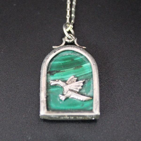 Solid Silver & Malachite Pendant: Arch Window Shape With Malachite Set Both Sides Silver Dragon Accent On One Side Hallmark Sheffield 1980