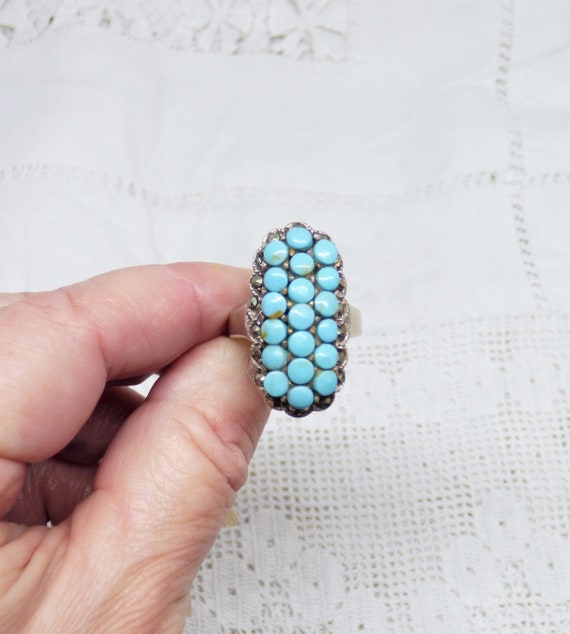 Vintage solid silver oblong ring with 19 sky blue… - image 1