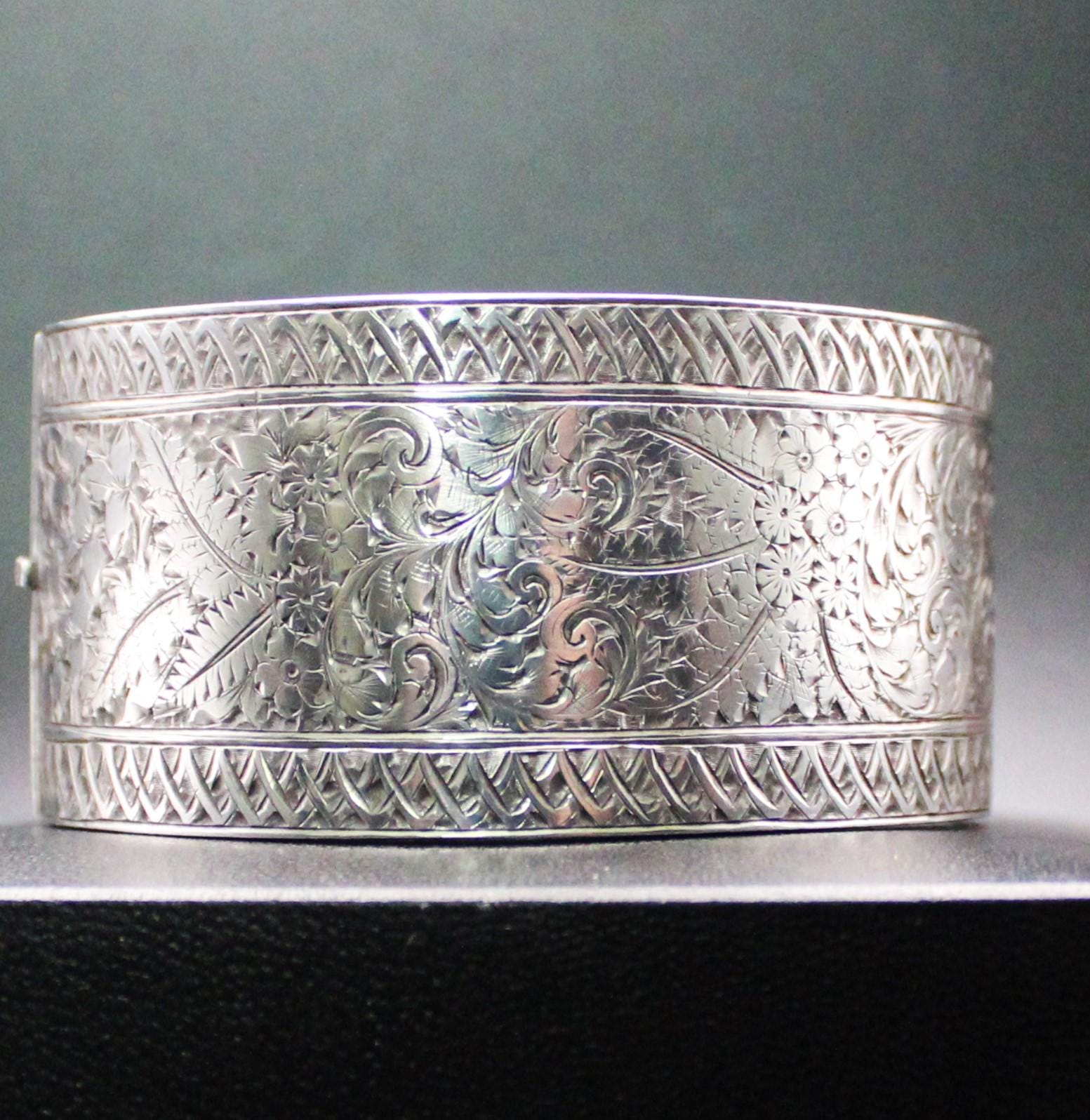 Antique Victorian Solid Silver Wide Hinged Bangle, Engraved Ivy