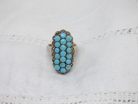 Vintage solid silver oblong ring with 19 sky blue… - image 2