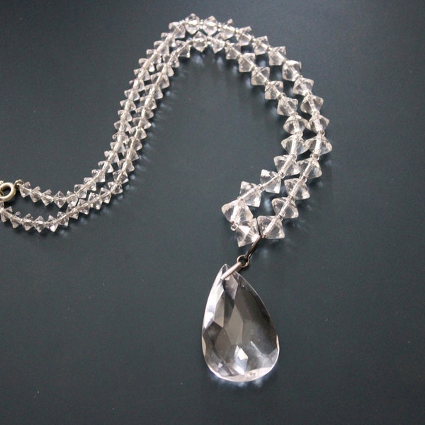 Vintage 1920s Cut Clear Crystal Bicone Graduating Bead Necklace With Large Pear Shaped Faceted Drop With Silver Loop Threaded On Chain