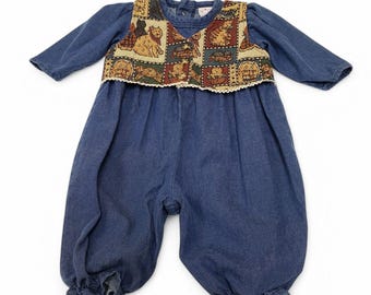 Buster Brown Girls Vintage Denim Romper Tapestry Vest Baby Size 3-6 Months
