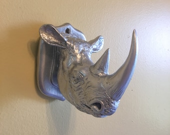 Hand made Faux Resin Rhinoceros Head in Silver Beautiful Wall Art