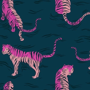 May include: A repeating pattern featuring pink tigers with black stripes set against a dark teal backdrop. The tigers are depicted in various poses, creating a dynamic and artistic design. The overall aesthetic is modern and striking.