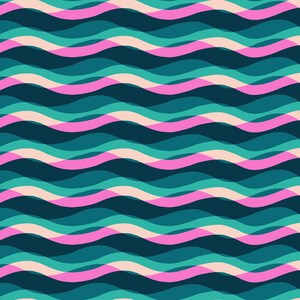 May include: Abstract wavy pattern in shades of teal, pink, and cream. The design features overlapping, horizontal waves creating a layered effect. The pattern is seamless and could be used for fabric or wallpaper.