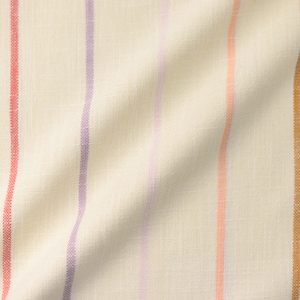 May include: White fabric with vertical stripes in pink, purple, and orange.