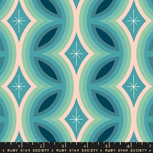 May include: A teal, green, and pink retro pattern with a repeating design of overlapping circles and diamonds with white stars in the center. The pattern is on a white background.