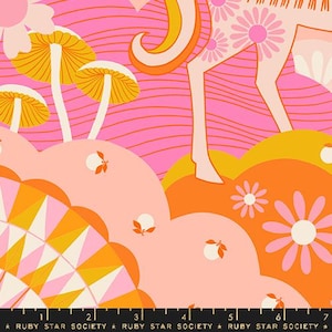 May include: A colourful fabric design with a pink backdrop and orange and yellow details. The pattern includes stylized mushrooms, flowers, and a unicorn. The text "RUBY STAR SOCIETY" is printed along the bottom edge.