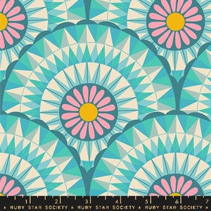 May include: A seamless fabric pattern featuring a repeating design of pink and yellow flowers with teal blue geometric shapes. The background is a light cream colour.