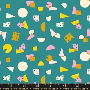 May include: Teal background with a repeating pattern of geometric shapes in pink, yellow, and white. The shapes include circles, semi-circles, triangles, squares, and rectangles.