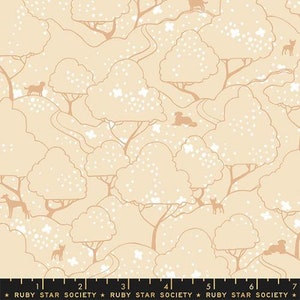 May include: A beige fabric with a repeating pattern of white flowers and brown stylized trees and animals. The fabric has a white ruler with black markings and the text "RUBY STAR SOCIETY" printed on it.