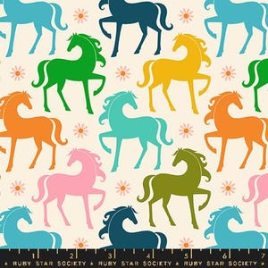 May include: A seamless pattern featuring colourful horses in various poses on a cream background. The horses are in shades of blue, green, orange, pink, and yellow. The background is dotted with small pink flowers.
