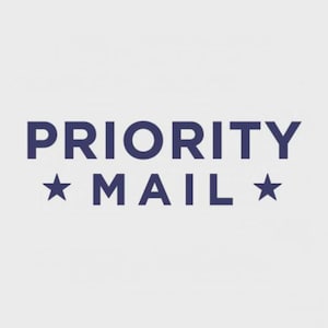 May include: The text PRIORITY MAIL is displayed in a bold, dark blue sans-serif font against a light gray background. A dark blue five-pointed star is positioned on each side of the word MAIL, centered below the word PRIORITY.