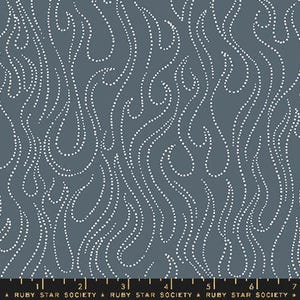May include: A fabric with a dark teal background featuring a flowing pattern of white dotted lines. The lines curve and swirl across the surface, creating a dynamic and organic design. The text "RUBY STAR SOCIETY" is at the bottom.