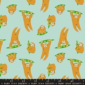 May include: A repeating pattern featuring cartoon sloths in different poses against a pale blue backdrop. The sloths are brown with white faces and hold green and yellow patterned leaves. The text "RUBY STAR SOCIETY" is at the bottom.