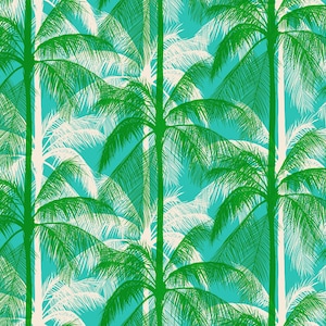 May include: A tropical pattern featuring stylized green palm trees against a turquoise background. The design has a repeating vertical pattern with alternating solid and outlined palm trees, creating a vibrant, summery aesthetic.