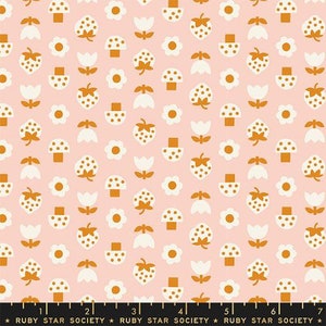 May include: A pink fabric with a repeating pattern of white flowers, strawberries, and mushrooms in a mustard yellow color.