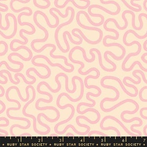 May include: A seamless pattern featuring pink abstract lines on a cream background. The lines are curved and create a flowing, organic design.