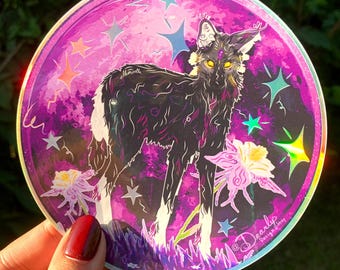 Celestial Maned Wolf & Moon Sticker – 5" Holographic Vinyl | Witchy Woodland Art | Magical Gothic Animal Familiar