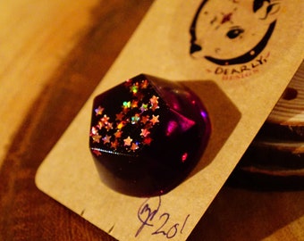 Epoxy Resin Art Charm Pin | Purple Galaxy Pentagon | Gold Star Glitter Accessory 3D