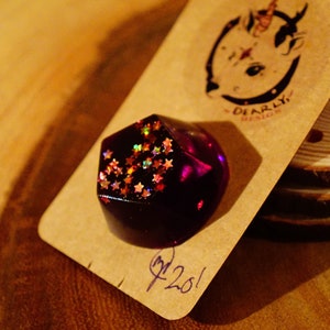 Epoxy Resin Art Charm Pin | Purple Galaxy Pentagon | Gold Star Glitter Accessory 3D
