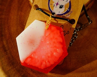 Epoxy Resin Necklace | Sparkling White & Red Hexagon | Abstract Glitter Art Charm Pendant