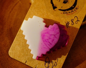Epoxy Resin Pixel Heart Pin | Purple + White Art Charm | 8-Bit Video Game Accessory 3D