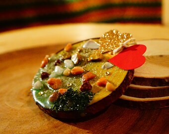 Seascape on Wood Slice Ornament | Ocean Love Decor w/ Swarovski Gems | Epoxy Resin Diorama