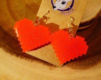 Glitter Red Heart Earrings | 16-Bit Gamer Accessory | Epoxy Jewelry