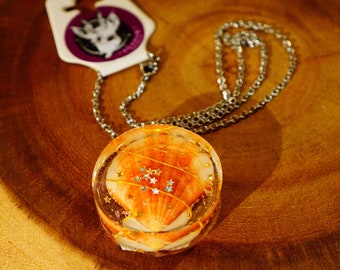 Scallop Seashell Necklace w/ Gold Wire + Amethyst Gemstones | Sea Lover Ocean Art | Epoxy Resin