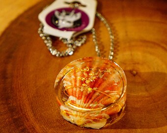 Scallop Seashell Necklace w/ Gold Wire + Amethyst Gemstones | Sea Lover Ocean Art | Epoxy Resin