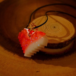 Epoxy Resin Pixel Heart Charm Pendant w/ Gold Wire | Red & White Reversible Gamer Necklace