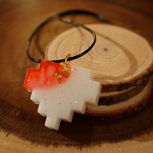 Epoxy Resin Pixel Heart Charm Pendant w/ Gold Wire | Red & White Reversible Gamer Necklace