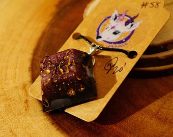 Epoxy Resin Art Necklace | Black, Violet, & Marbled Gold | Marble Look Square-Cut Diamond Pendant
