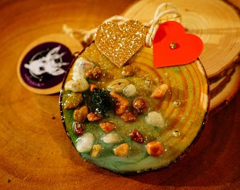 Seascape on Wood Slice Ornament | Ocean Love Decor w/ Swarovski Gems | Epoxy Resin Diorama
