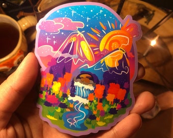 Sleepy Bear On Mountain Vinyl Sticker 4" in. | Waterproof | Autumn Landscape Sunrise | Happy & Colorful Original Art