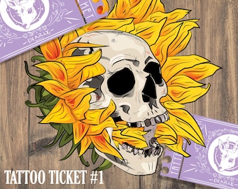 TATTOO TICKET | Skull Flower Original Artwork | Tattoo Design Permission Slip | Digital Download