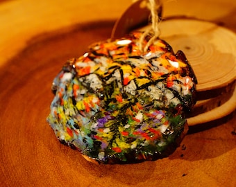 Mountain Sunrise Painting on Burned Wood Slice | Impressionist Art | Epoxy Resin Ornament
