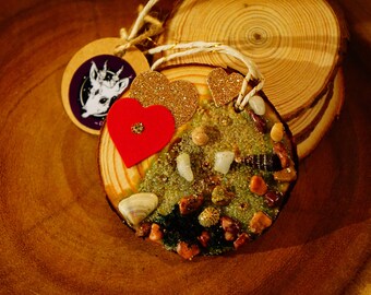 Seascape on Wood Slice Ornament | Ocean Love Decor w/ Swarovski Gems | Epoxy Resin Diorama