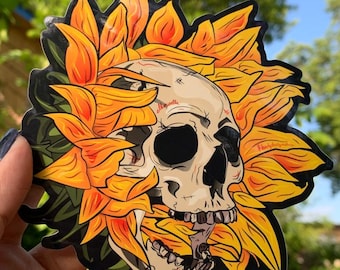 Sunflower Skull Vinyl Sticker – 5" Waterproof Gothic Cottagecore Summer Aesthetic | ORIGINAL ART | Dark Floral Yellow Orange Black Decal