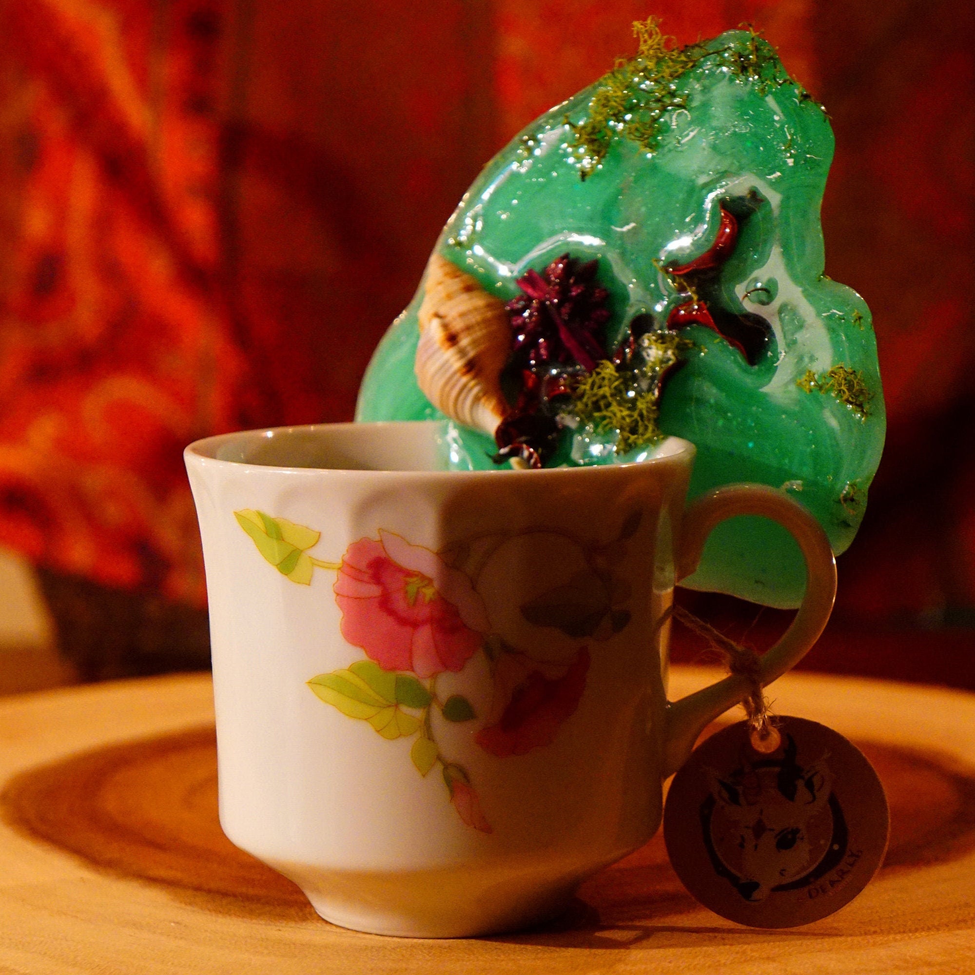 Epoxy Resin Tea Cup Still Life Art Spilling Ocean Water W/ Shells