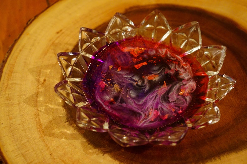 Purple /& Gold Leaf Red Epoxy Resin Art in Starburst Cut Glass Dish Jewelry Tray