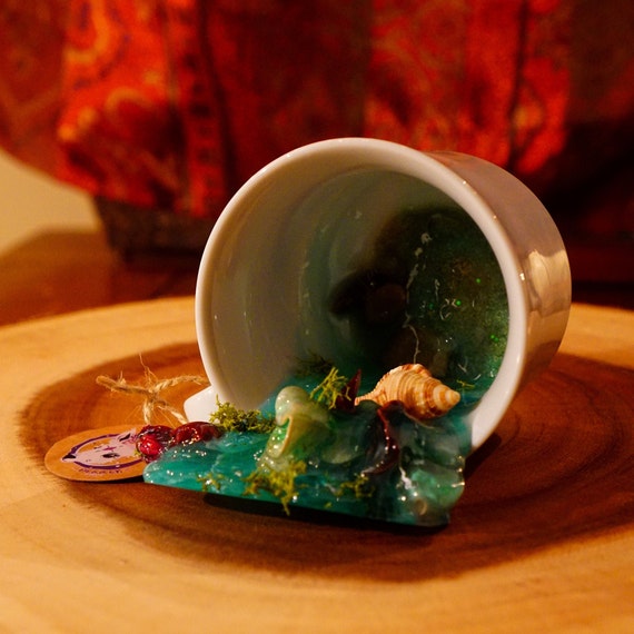 Epoxy Resin Tea Cup Still Life Art Spilling Ocean Water W/ Shells